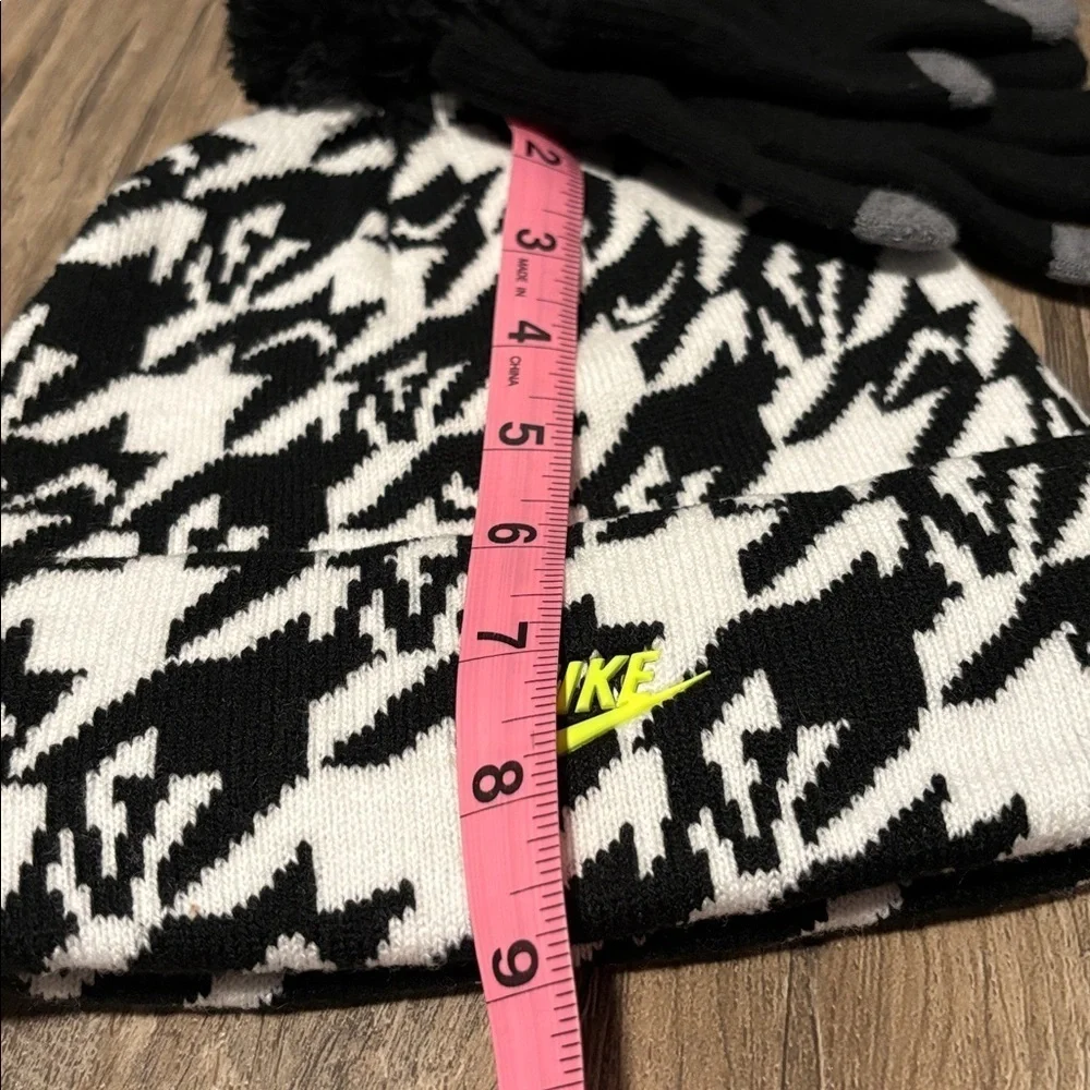 Nike 2pc. Knit Cuffed pom-pom beanie,touch screen gloves,pattern,neon green logo